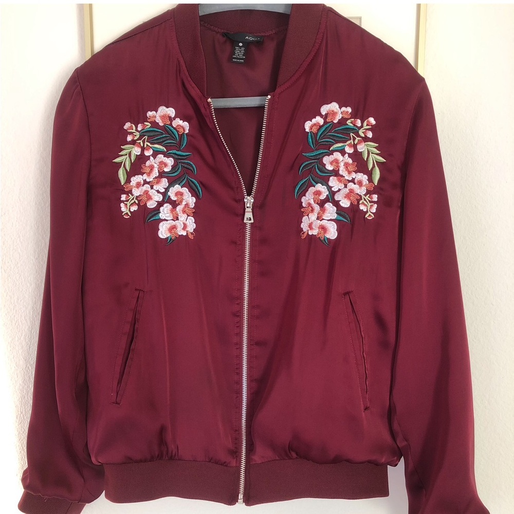 Aqua Burgundy Satin Floral Bomber